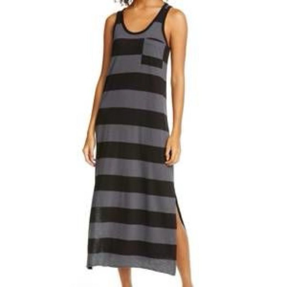ATM-Anthony Thomas Melillo Black and Asphalt Slub Striped Maxi Dress Sz L